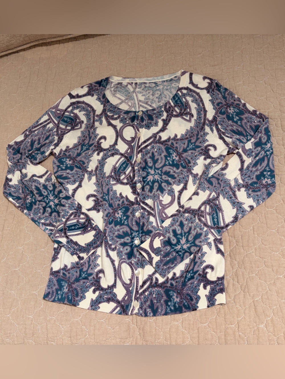 Talbots Silk Purple White Blue Paisley Print Long Sleeve Cardigan Size XS Small